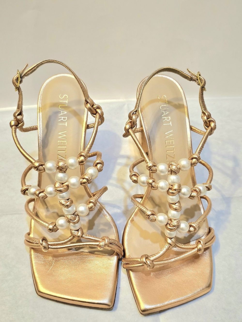 Stuart Weitzman Rose Gold Pearl-Knot Sandals 🌹